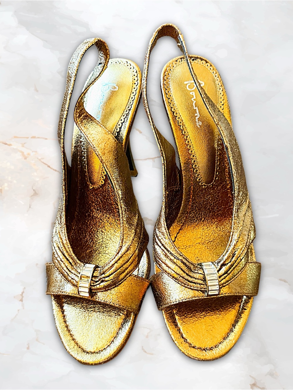 Bourne Gold Metallic Leather Crystal Slingback Heels Italy Size 38